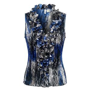 Vintage Y2K Royal Blue Black Micro Pleated Ruffle Neck Barbiecore Glam Tank Top